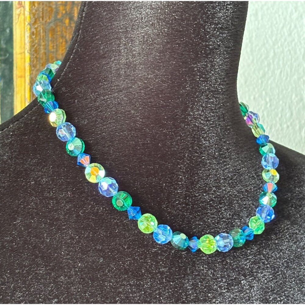 Sterling Silver AB Crystal Necklace Blue & Green Faceted Brilliant Beads Vintage